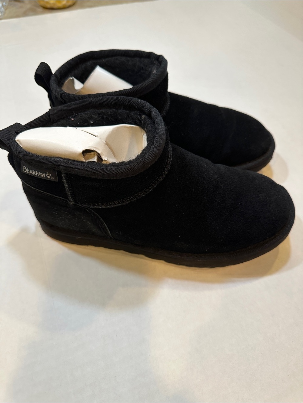 BearPaw Black Suede Short Fleece-Lined Ankle Booties